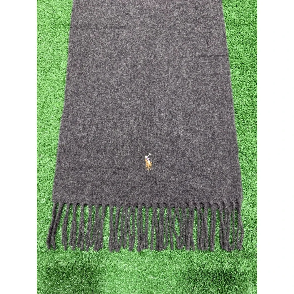 Polo Ralph Lauren Italy Charcoal Grey Wool/Cashmere Fringe Scarf Polo Pony Logo